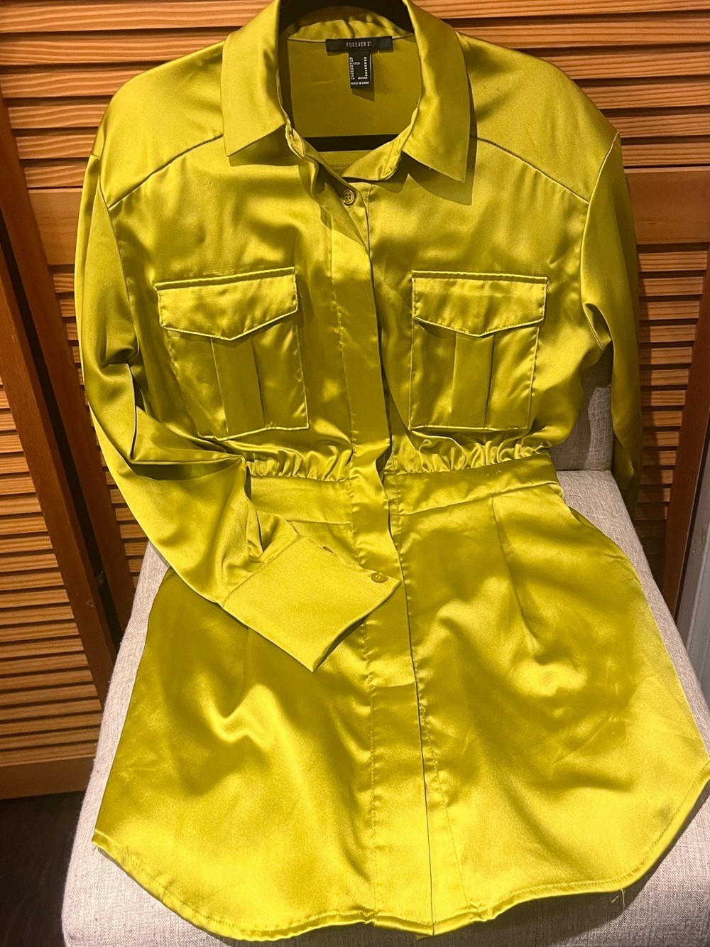 Forever 21 Chartreuse Satin Button-Up Dress